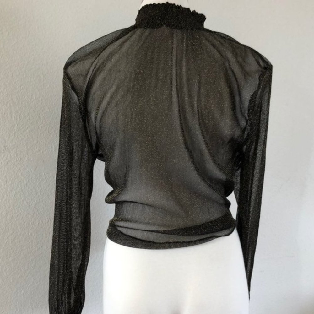 Black Gold Mesh Long Sleeve Tied Blouse - Picture 6 of 8